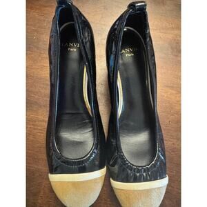 Lanvin cube-heel cap toe ballet pumps black patent leather women's size 37/ 7